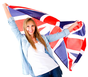 British woman holding the Jack Union flag - isolated over white-1